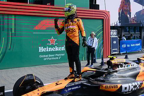 Dutch Grand Prix 2024: McLaren driver Lando Norris of Britain celebrates after winning race